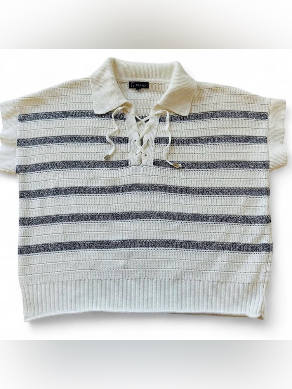 GREIGE Coastal Grandma Striped Crochet Knit Short Sleeve Polo Top-Large*Nautical